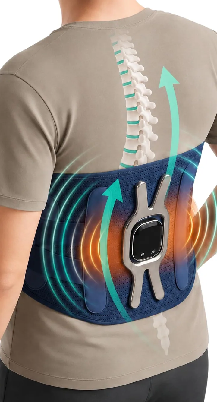 RejuvaCare Triple Method Back Massager worn around a man's lower back