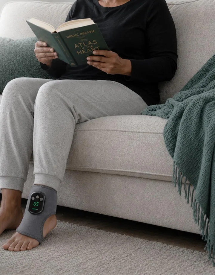 RejuvaCare Foot Renew on a woman's ankle as she reads on a sofa